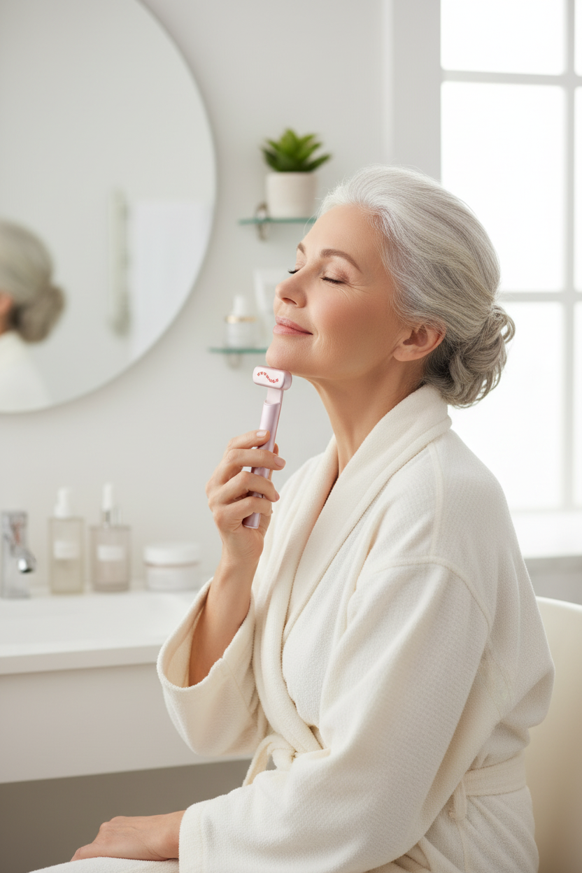 Femme senior utilisant l'appareil anti-ride